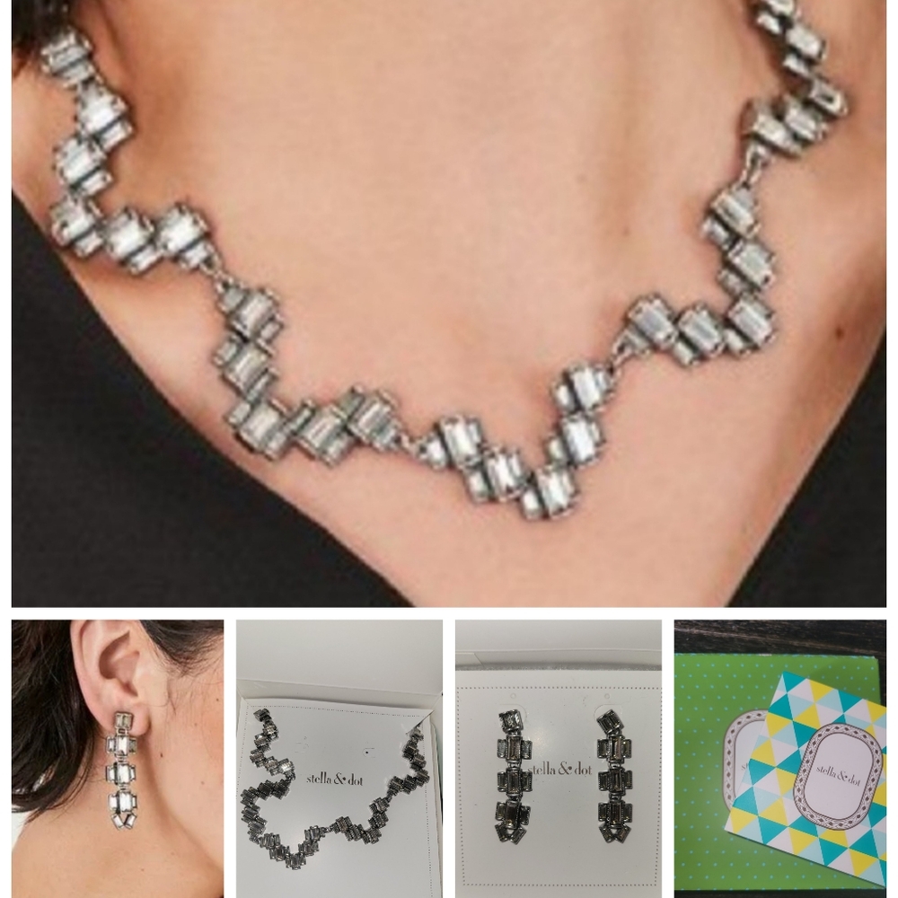 Stella & Dot Hatley Baguette Necklace & Earrings Set Silver With Box